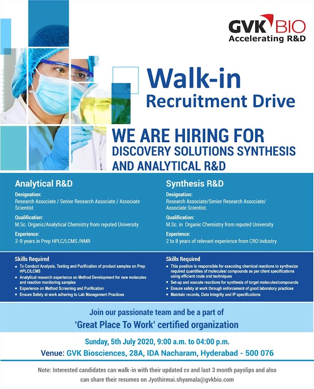 GVK bio | Walk-in for Analytical R &D at Hyderabad on 5 July 2020