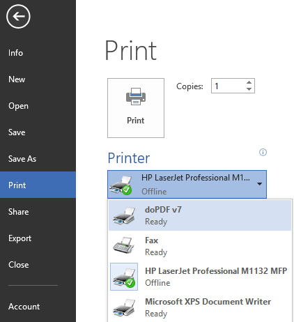 doPDF Printer on MS Word Printing Option