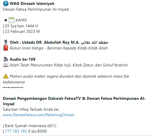 Audio ke-109 Allah Telah Menurunkan Kitab Injil, Kitab Zabur, dan Suhuf Ibrahim - Aqidah Ahlussunnah Waljama’ah