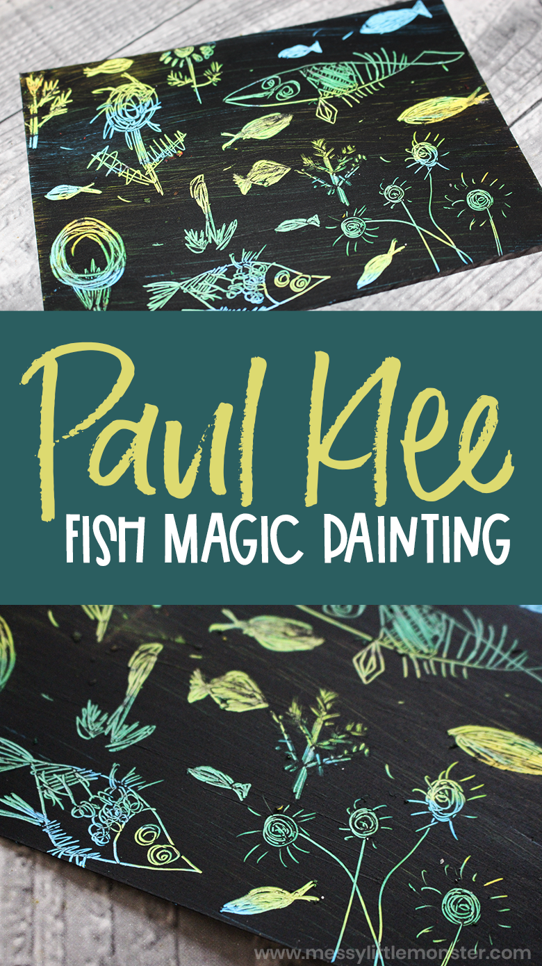 Paul Klee for kids. DIY scratch art inspired by Fish Magic by Paul Klee. Fish art for kids.