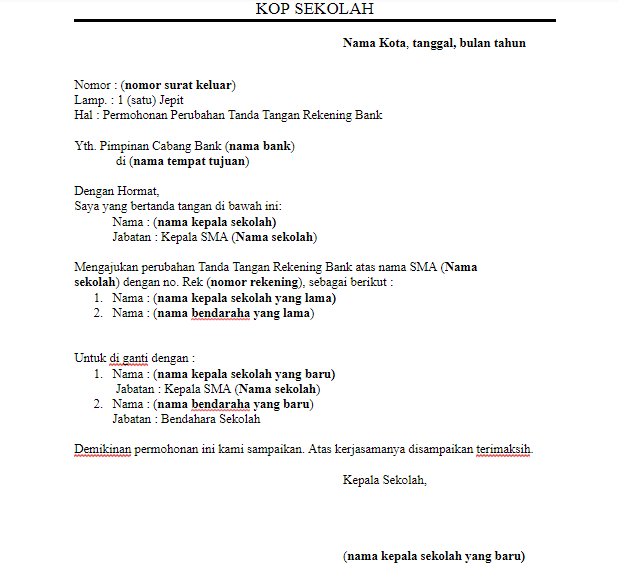 Surat Permohonan Perubahan Specimen Rekening Bank