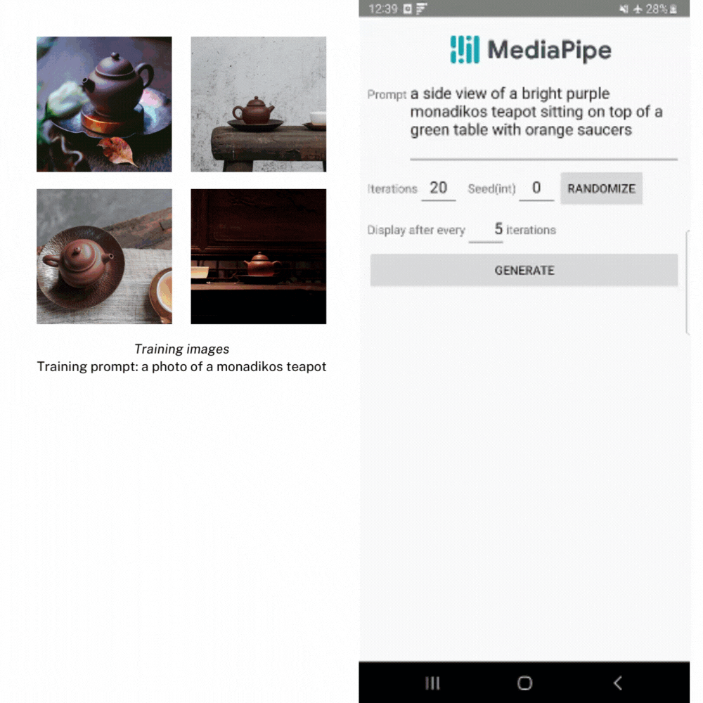 A grid of four photos of teapots generated with training prompt 'a photo of a monadikos teapot'on the left, and a moving image showing an image being generated in MediaPipe from the propmt 'a bright purple monadikos teapot sitting in top of a green table with orange teacups'