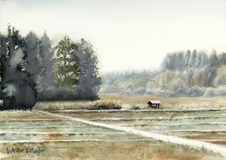 冬（水彩画）冬の田園風景