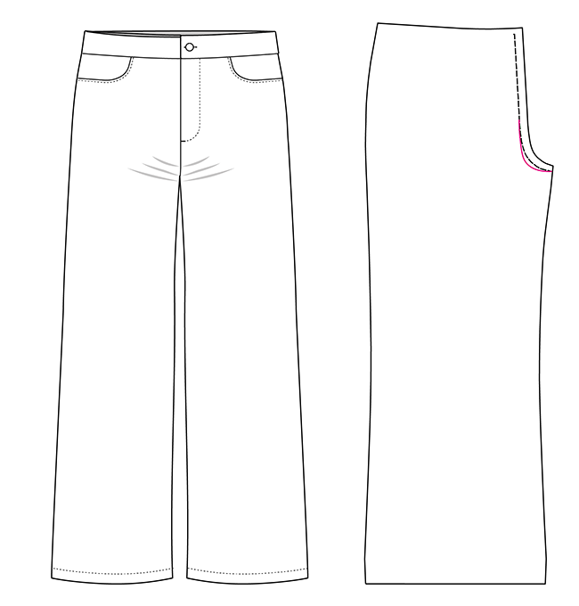 Line drawing showing vertical drag lines coming from the front crotch. Next to this is a diagram showing how to make the crotch curve deeper.