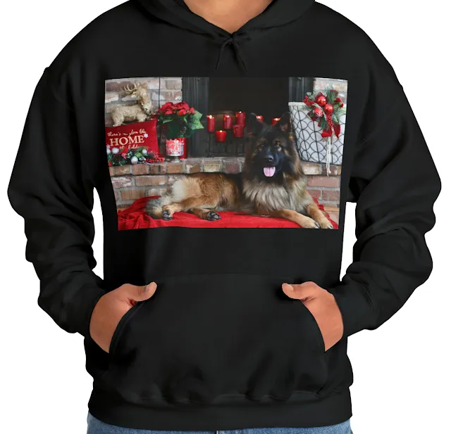 Unisex Black & Red Showline German Shepherd Lying in Front of Fireplace Decorated for Christmas Heavy Blend™ Hooded Sweatshirt