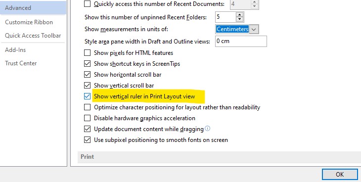 Pilihan Show Vertical Ruler di Microsoft Word