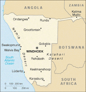 Map of Namibia showing its borders with South Africa, Botswana and Angola