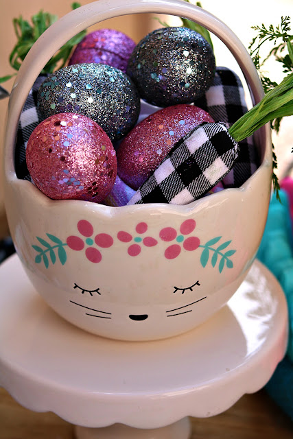 ceramic, Easter, basket, glitter, eggs, cottage, outdoor, tablescape, athomewithjemma.com