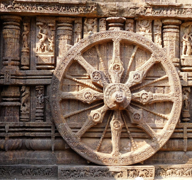 A wheel of the solar chariot at the Konark Sun Temple, Orissa.