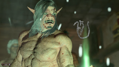 A naked male half-orc casting a spell.