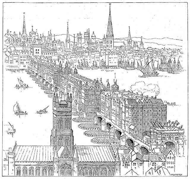 an illustration of old London Bridge, with traitors' heads on poles