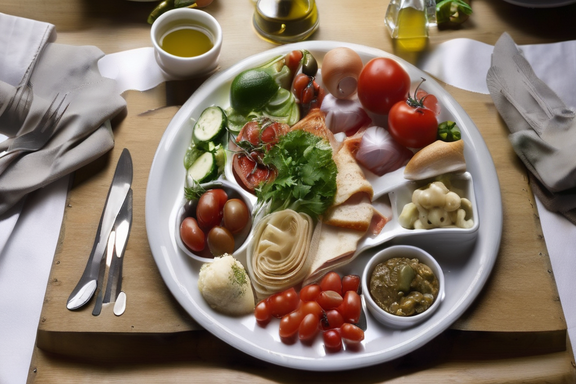 Plato con alimentos de la dieta mediterránea: frutas, verduras, pescado y aceite de oliva, promoviendo la salud y el bienestar.