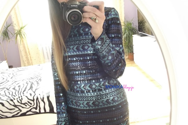 Blue Long Sleeve Sequined Bodycon Dress