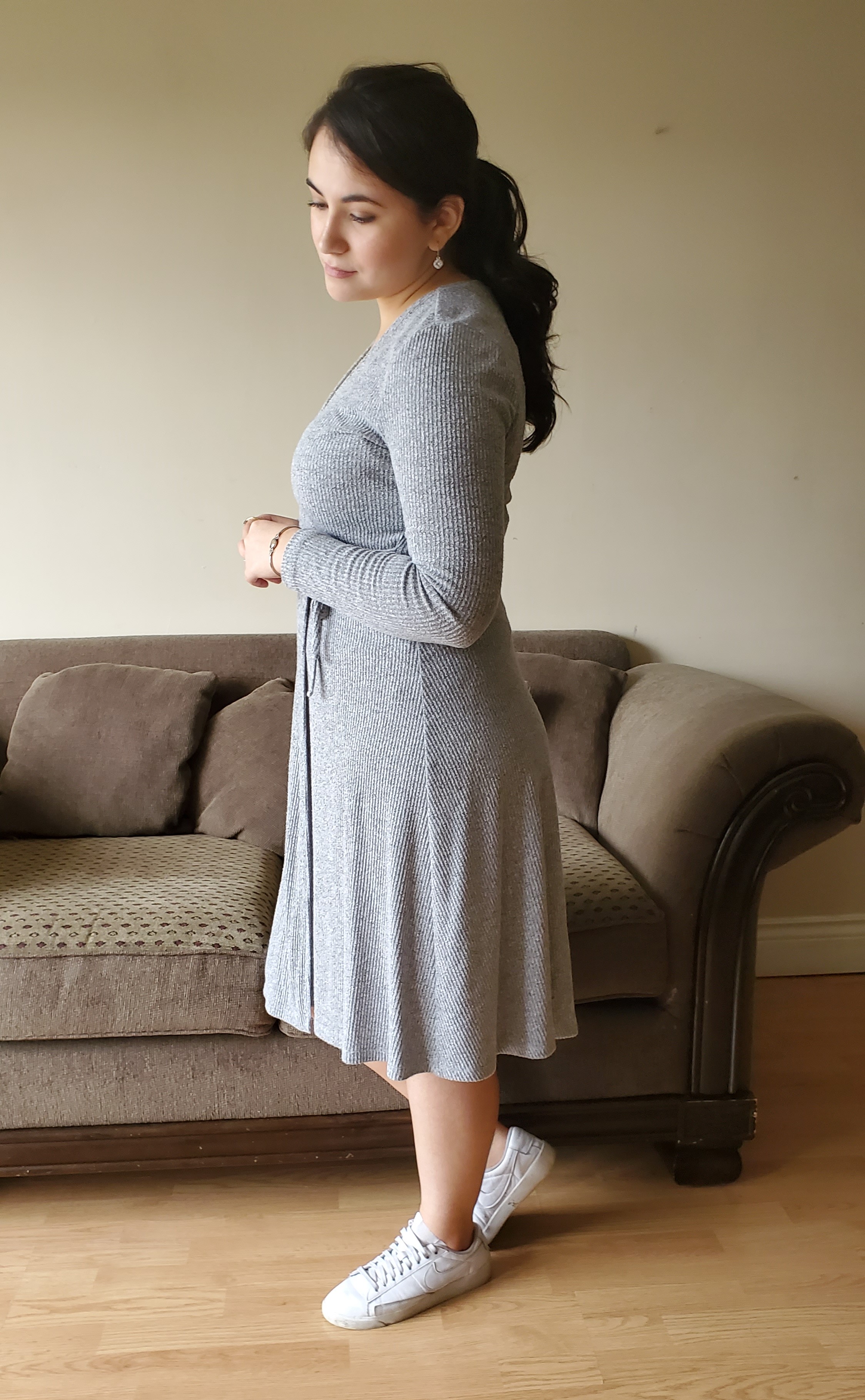 Modest Outfit Grey Dress and White Sneakers