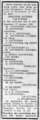 Advertentie overlijden Johannes Jacobus Couturier sr.