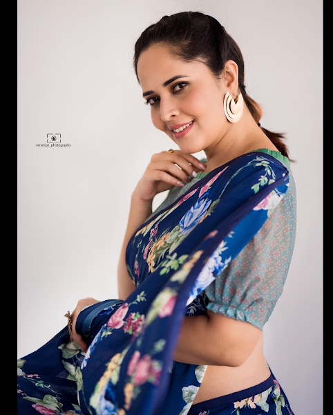 Anasuya Bharadwaj Latest Photos In Blue Floral Saree - Navel Queens Navel Queens