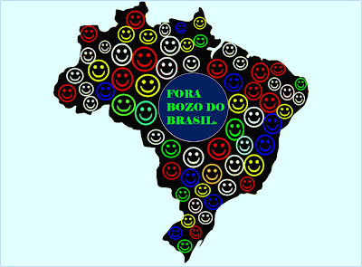 A imagem mostra o mapa do Brasil repleto de pessoas alegres e com veemência gritando fora bozo do Brasil! 