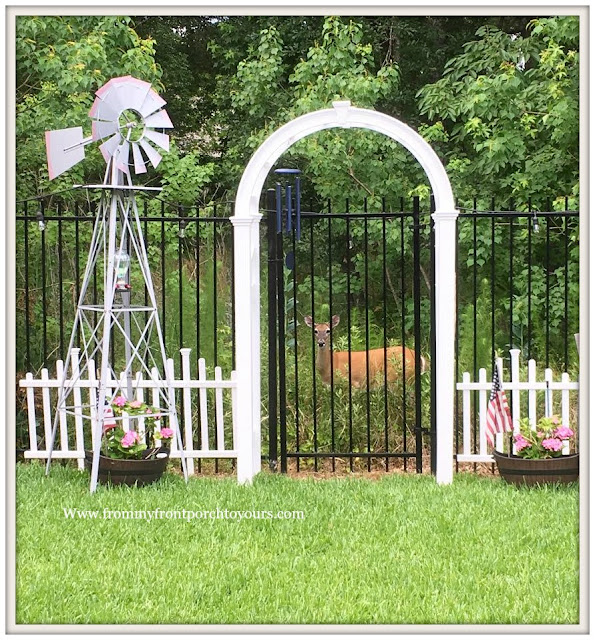 Suburban Farmhouse Backyard-White Arbor-Windmill-Country Suburban Garden-Picket Fence-Deer- From My Front Porch To Yours