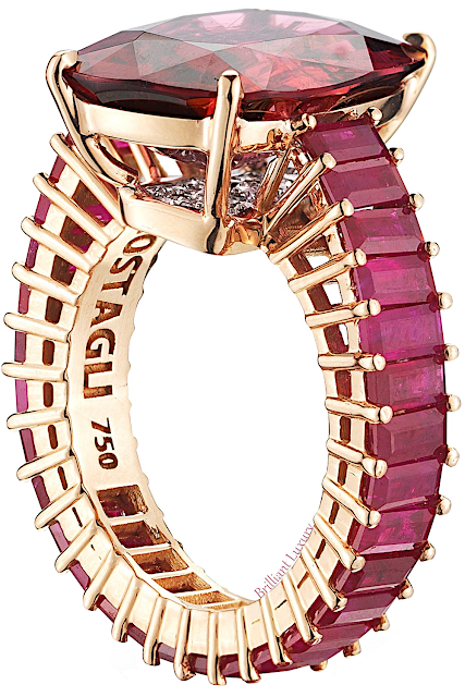 ♦Paolo Costagli 18ct rose gold cushion-cut rubellite tourmaline eternita ring ~ rubellite tourmaline 10.19 ct, rubies 5,53 ct & diamonds 0.34 ct #brilliantluxury