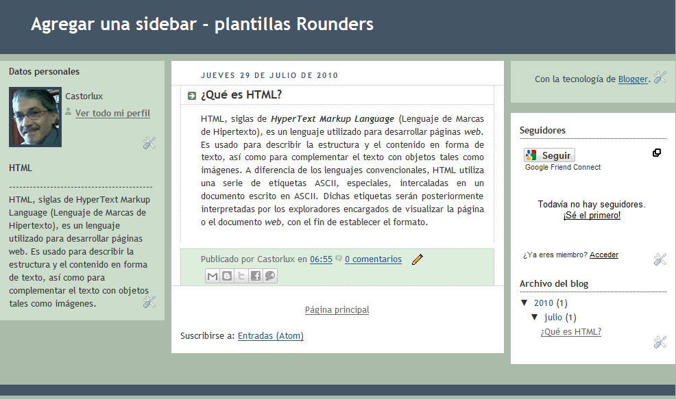 Blog-plantilla Rounders con una sidebar agregada.