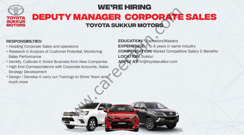 Toyota Sukkur Motors Jobs Deputy Manager Corporate Sales