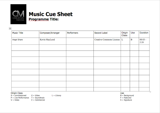 Personal Major Project: Music Cue Sheet