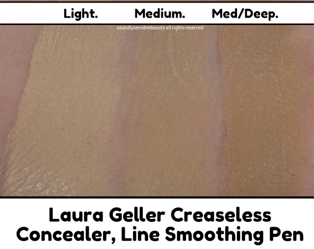 Laura Geller Crease-Less Concealer Line Smoothing Pen, Swatches of Shades Light, Medium, Medium/Deep