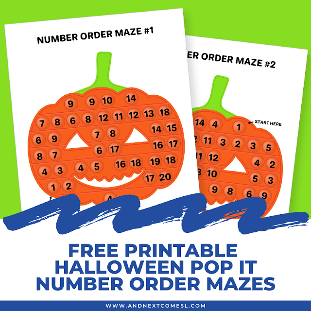 Free printable Halloween pop it number order mazes