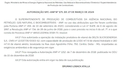 Imagem mostra autorização da ANP para produção de etanol em usina de cana da Delta