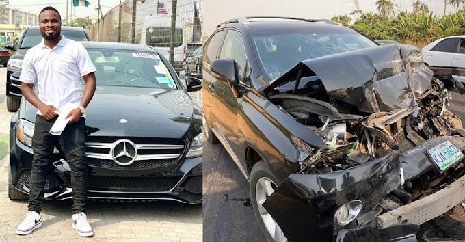 Comedian, SirBalo buys Mercedes Benz after surviving auto crash which wrecked his Lexus.