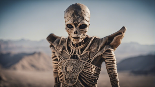 Extraterrestre con aspecto de esqueleto momificado, en el desierto.