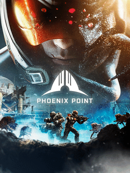 An image with the logo of Phoenix Point logo and the the title underneath it in the center. Under the words are a heavy and an assault class fighting against an incoming and enclosing swarm of Pandoran Enemies. In the background is the head of a Phoenix Point unit in an Assault Helm with about a third of the helm fading into the face on a Pandoran enemy