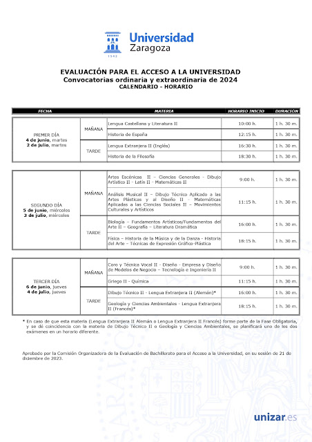 Calendario - horario evau Universidad Zaragoza