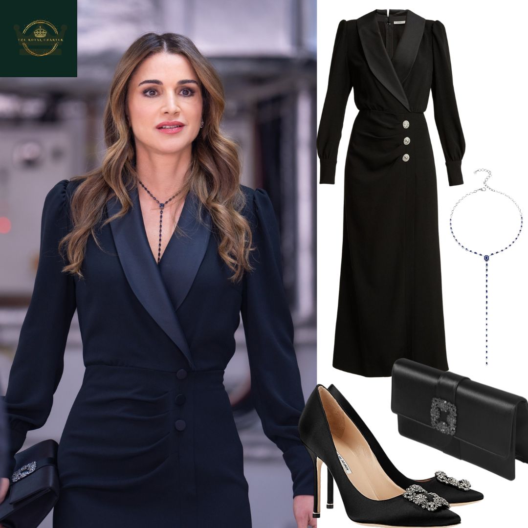 At the Buckingham Palace reception hosted by King Chalres in September, Queen Rania of Jordan wore a black alessandra rich Hollywood dress with manolo blahnik Bag and Pumps with Shay Blue sapphire necklace. Photo by The Royal charter