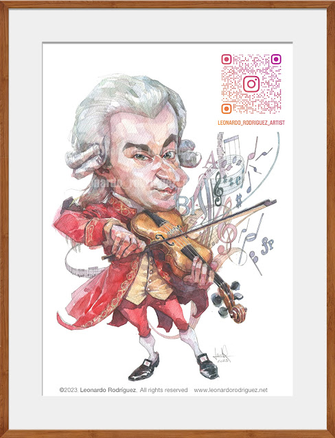 Watercolor caricature of Mozart playing violing with musical notes flying around