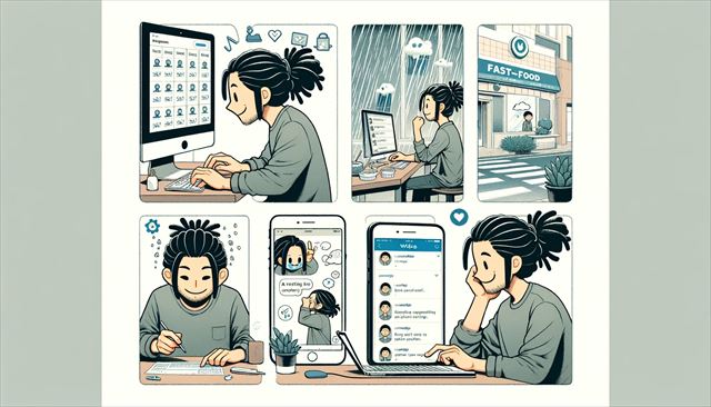 Create a wide illustration showing a casual Japanese man with dreadlocks, engaged in various tasks: setting up multiple accounts on his computer, feeling a bit overwhelmed by the monotony and complexity of the work. The scene then shifts to him looking outside at the pouring rain, disappointed he can't go to his favorite fast-food restaurant for a change of scenery. Lastly, capture a moment of happiness as he reads a tweet on his phone about a follower's first successful affiliate deal, thanks to his advice. The overall atmosphere should be simple and minimalistic, highlighting the man's range of emotions from frustration to disappointment to joy throughout his day.