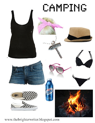 camping outfit 4: cut offs, tank, vans, swimming suit, Ray Bans, bandana, fedora www.thebrighterwriter.blogspot.com