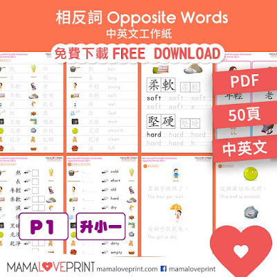 MamaLovePrint . 小一中英文工作紙 . 相反詞  Grade 1 Chinese Opposite Words Bilingual Worksheets PDF Free Download