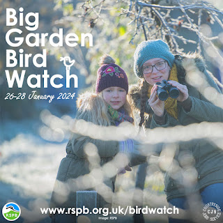 an adult and child in woolly hats and wrapped up warm holding binoculars looking towards the camera through tree branches. Text reads: Big Garden Bird Watch