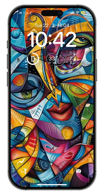 A vibrant abstract mural with a human face, composed of vivid colors and geometric shapes.