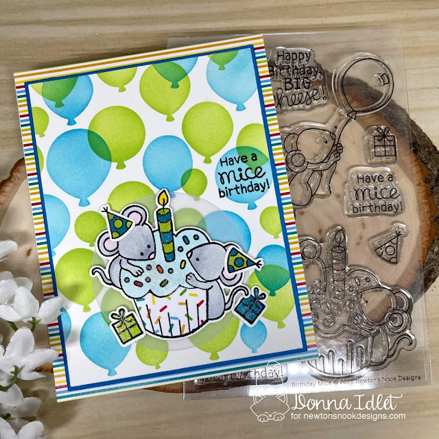 Mouse Birthday card by Donna Idlet | Birthday Mice Stamp Set, Birthday Party Paper Pad and Bokeh Balloons Stencil Set by Newton's Nook Designs