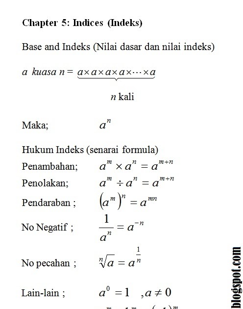 Nota Matematik Tingkatan 3  Bab 5 : Indices (Indeks 