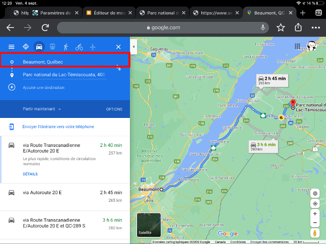 Google Maps -Modification du point d'origine