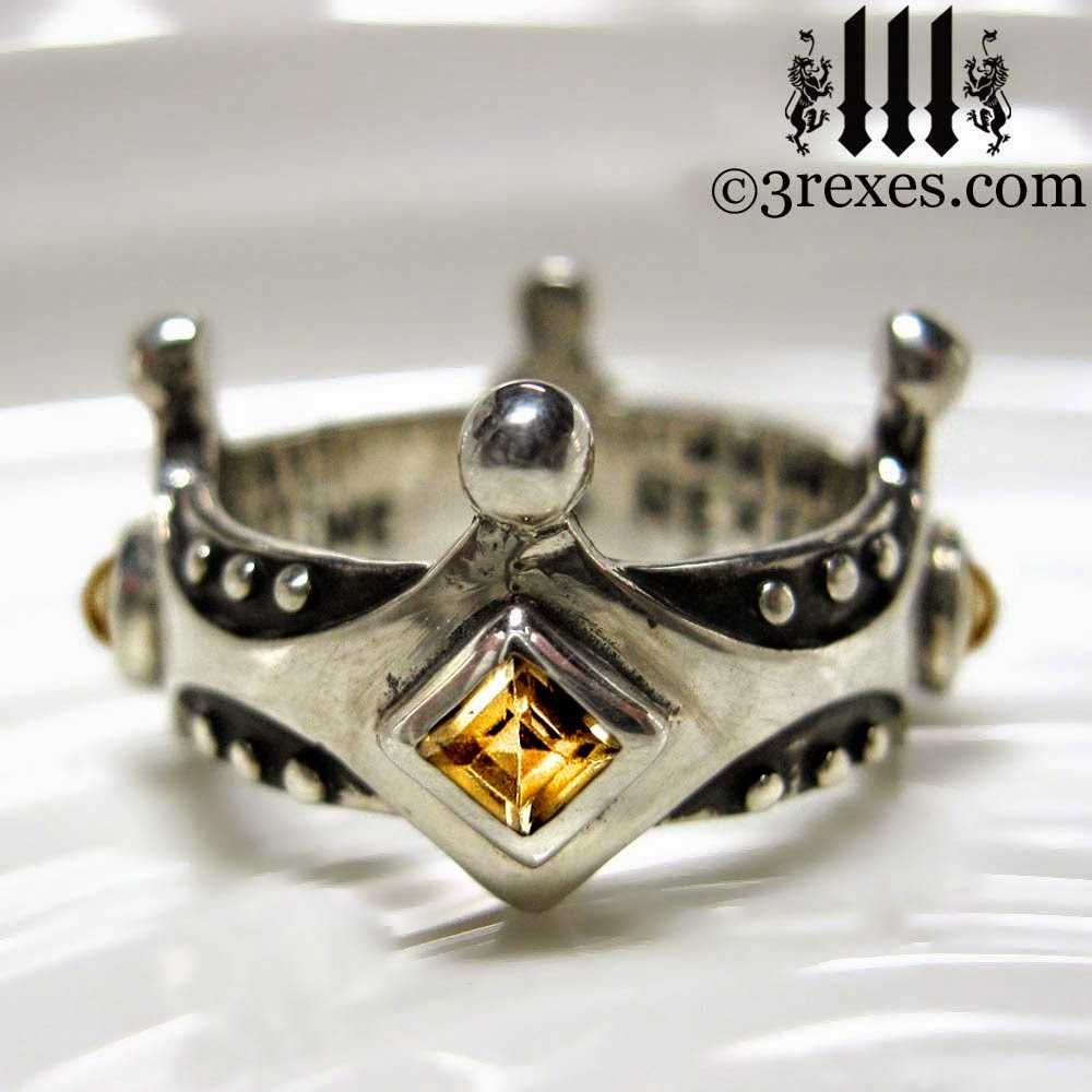 Medieval silver crown ring gothic wedding band yellow citrine