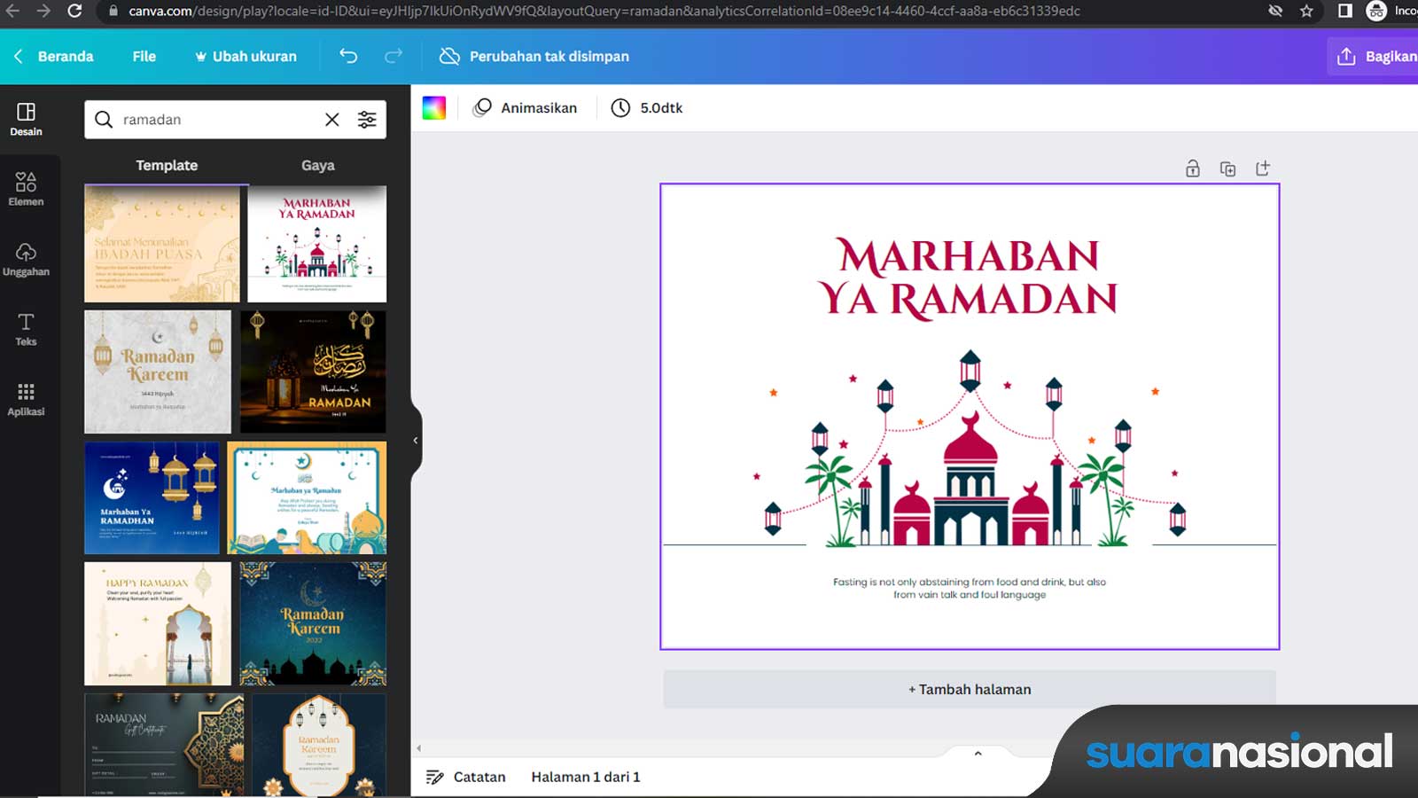 Tampilan antar muka aplikasi/website Canva untuk membuat gambar poster Ramadan 2023
