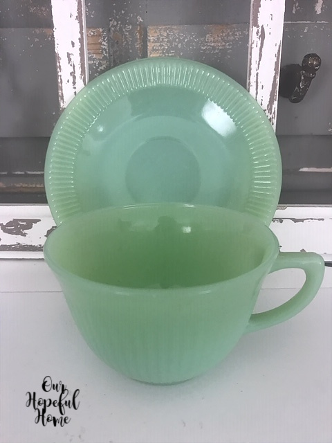 jadeite tea cup saucer Jane Ray pattern