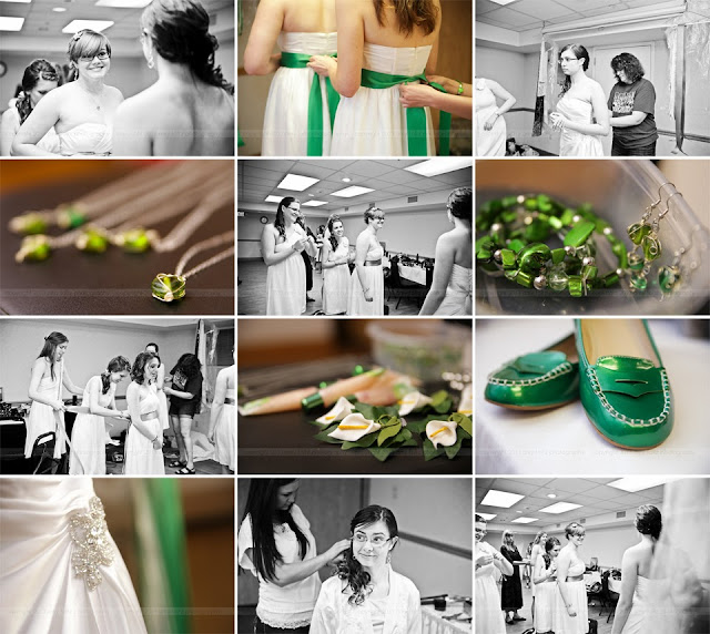 Close-up photos of green wedding details and jewelry