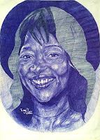 ballpoint pen portrait drawing of a smiling black lady