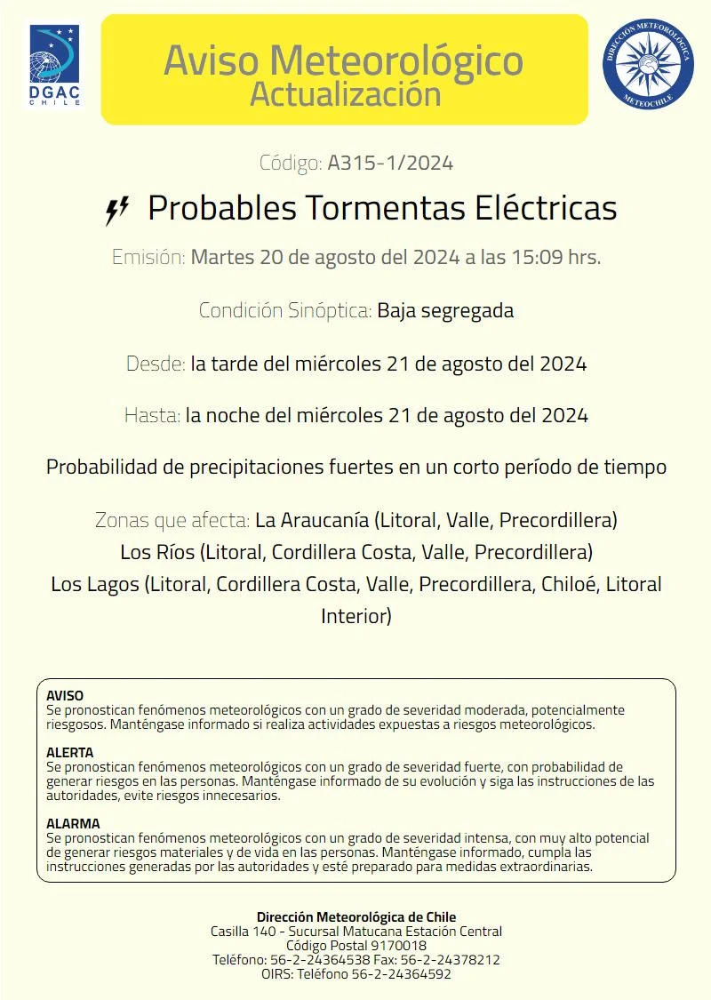 Aviso de probables tormentas eléctricas