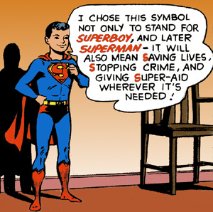 that's Superboy, saying "I chose this symbol not only to stand for Superboy, and later Superman - it will also mean Saving lives, Stoping crime, and giving Super-aid wherever it's needed!"